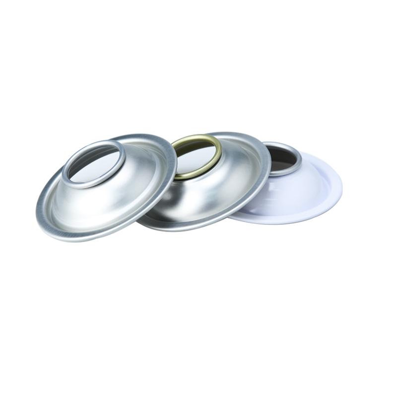 Tampas personalizadas para latas de aerossol com revestimento branco de 65 mm de diâmetro, formato cônico e em cúpula.