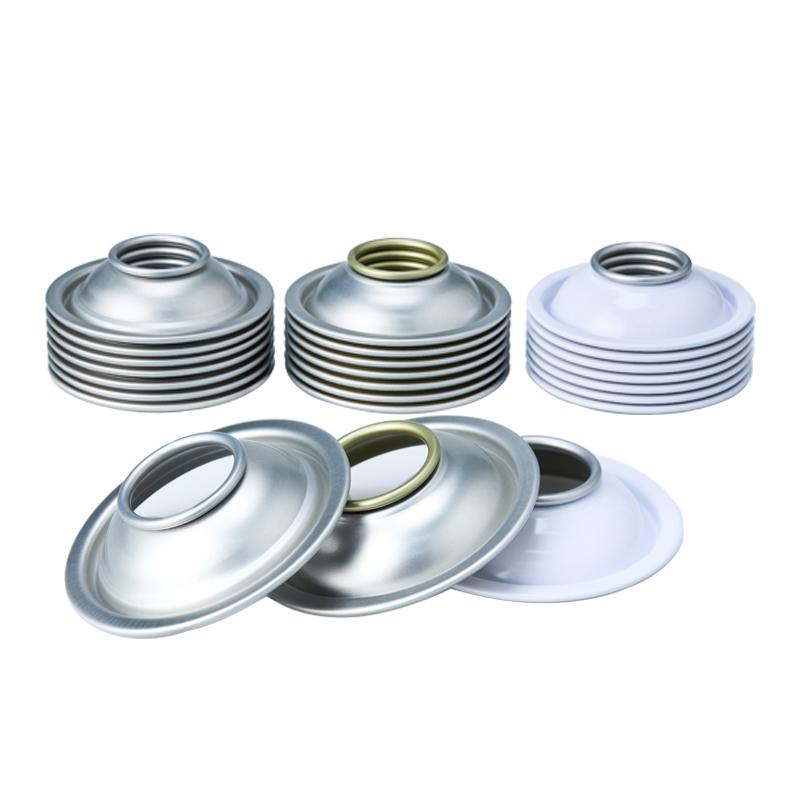 Tampas personalizadas para latas de aerossol com revestimento branco de 65 mm de diâmetro, formato cônico e em cúpula.