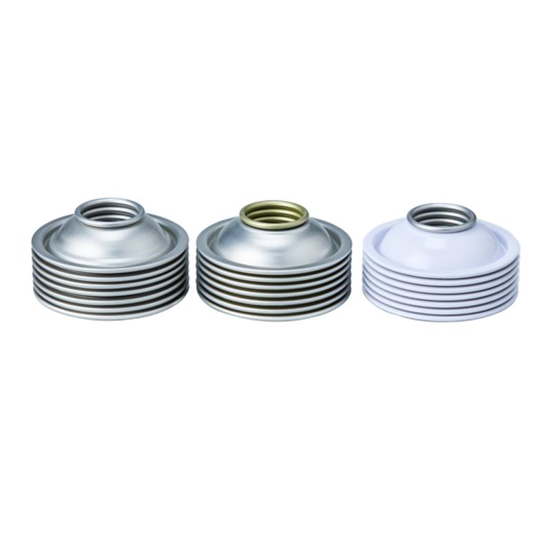 Tampas personalizadas para latas de aerossol com revestimento branco de 65 mm de diâmetro, formato cônico e em cúpula.